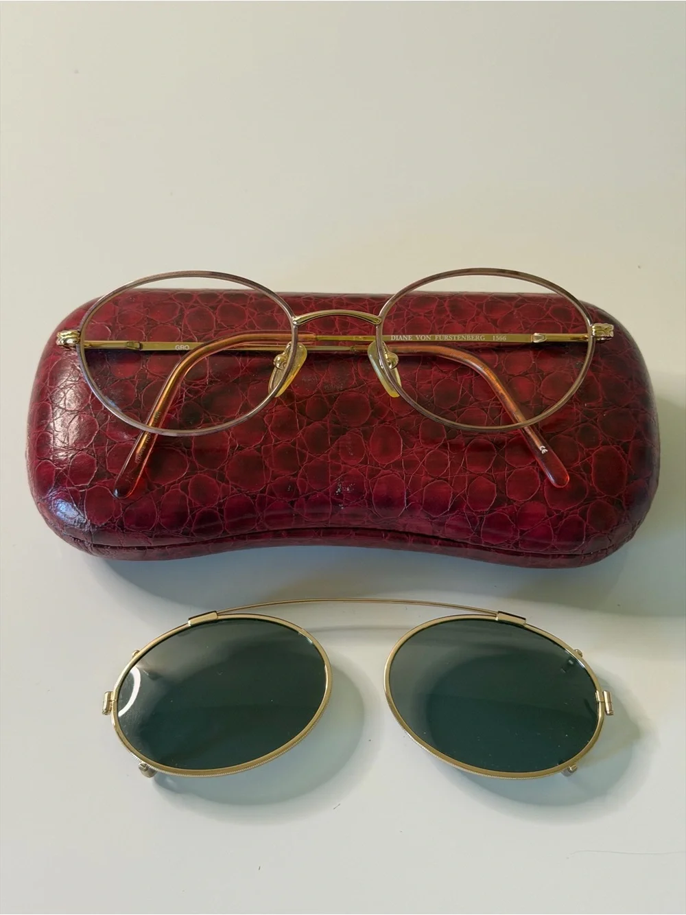 Diane Von Furstenberg Vintage Gold Round Frames with Clip-On Sunglass Lenses